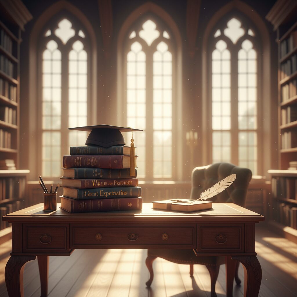 フェリス女学院大学をイメージした、光の差し込む図書館と英米文学の本、卒業角帽が置かれた知的な風景。