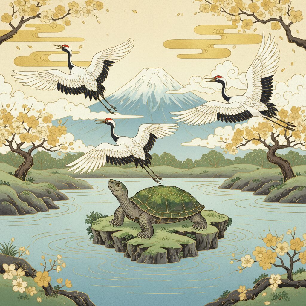 青空を舞う鶴と岩の上で休む亀を描いた縁起の良い和風イラスト