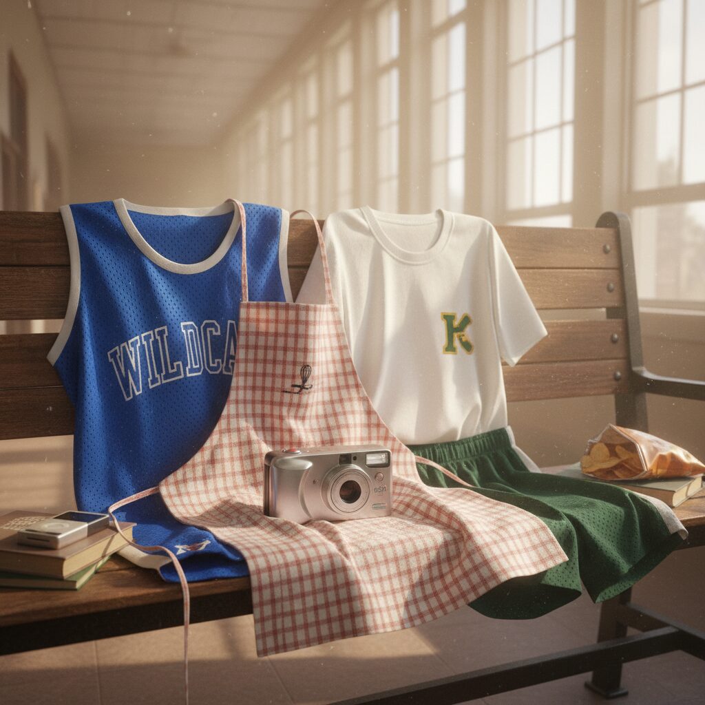 A composition of a vintage digital camera and school memories representing Manatsu Akimoto's school days.