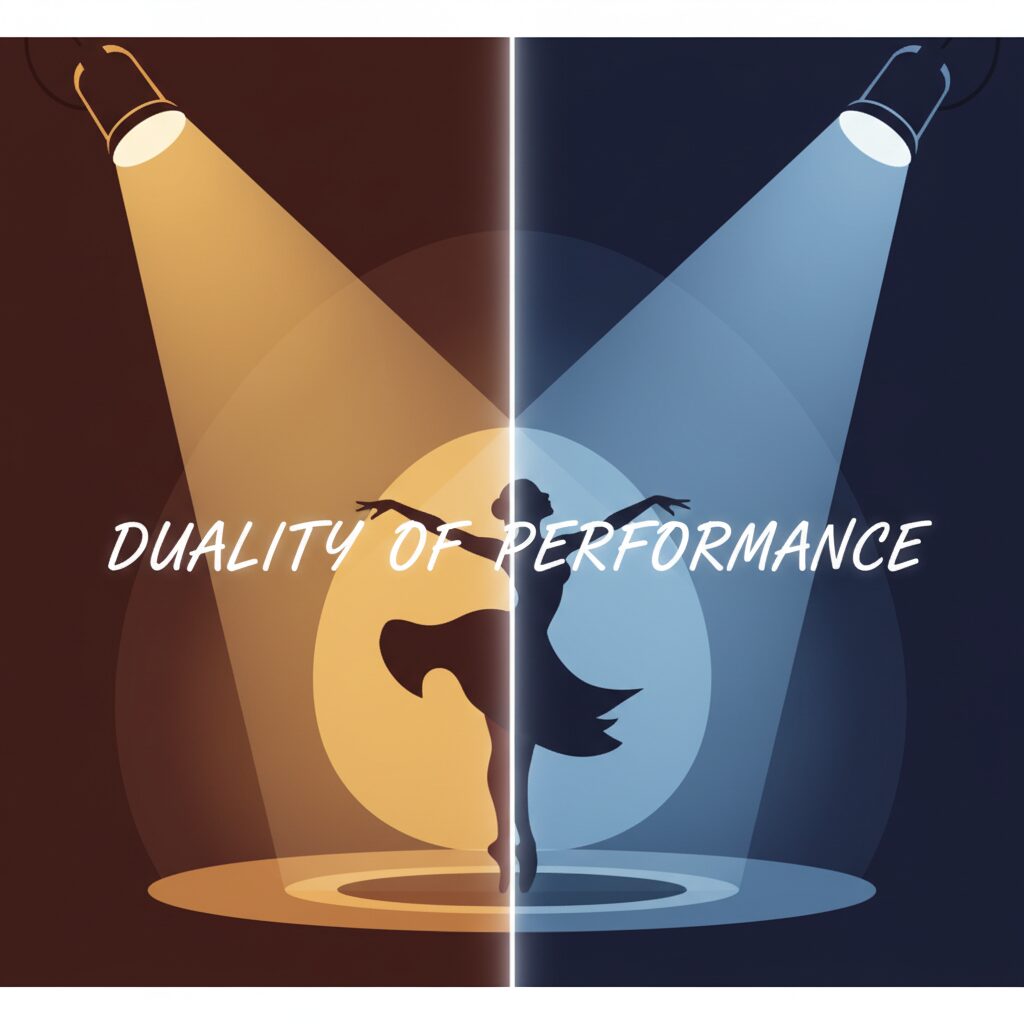 光と影が交差するステージ上のスポットライトとパフォーマーのシルエット、演技評価の二面性を表現したアート