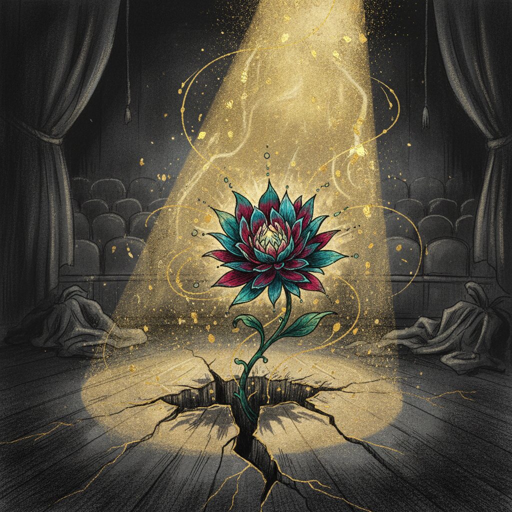 An artistic image representing the comeback of a famous actor, featuring a spotlight on a stage and a blooming flower in the darkness, symbolizing hope and new beginnings.