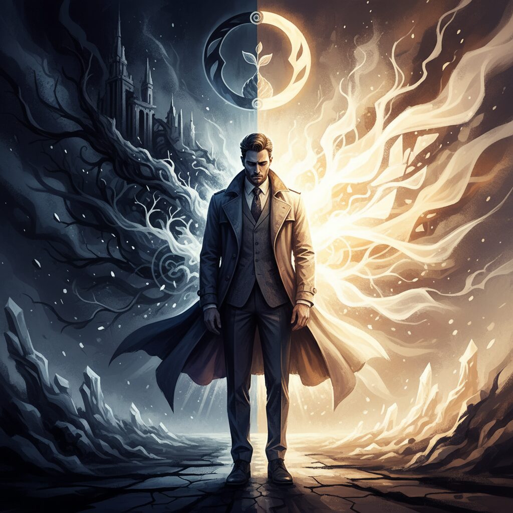 光と影が交差する道を歩む男性の象徴的なイメージ