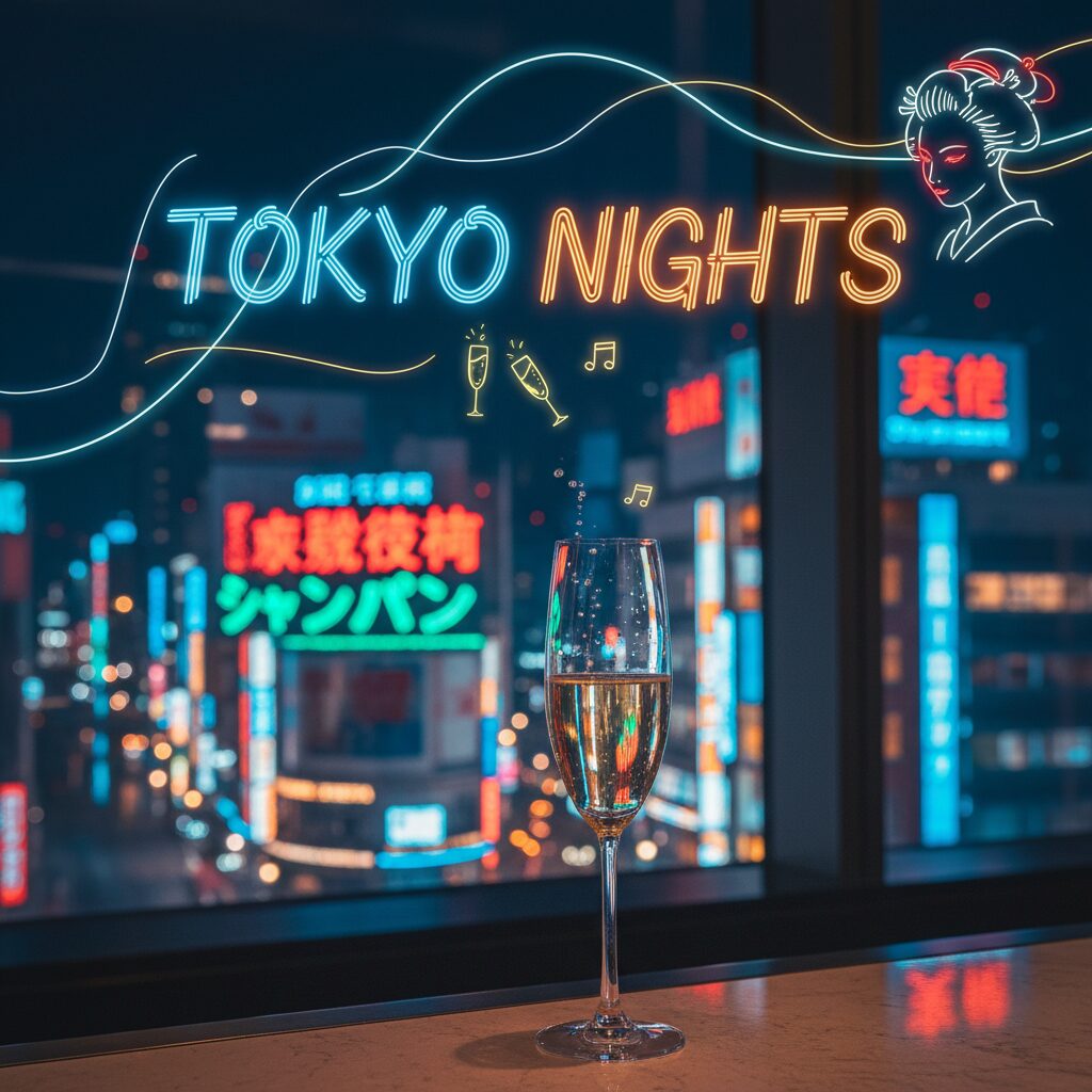 夜の歌舞伎町のネオンとシャンパングラス。再起を象徴するドラマチックな風景。