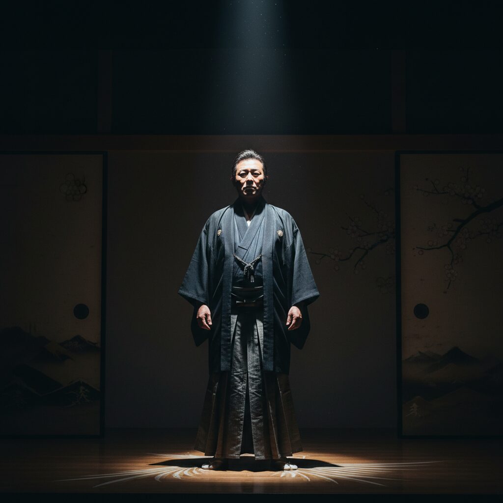 スポットライトを浴びる舞台の上に立つ俳優のシルエット画像。孤独からの復活と希望を表現。