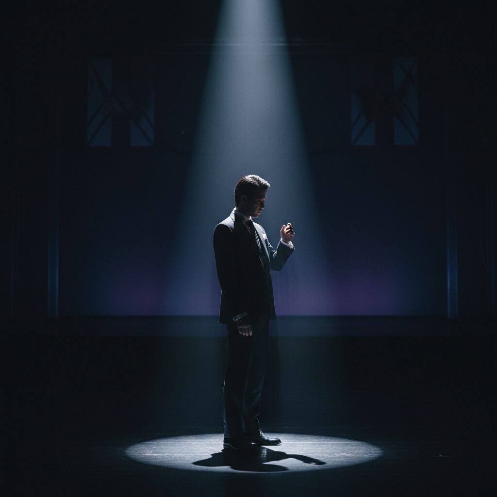 舞台のスポットライトを浴びる俳優のシルエットイメージ