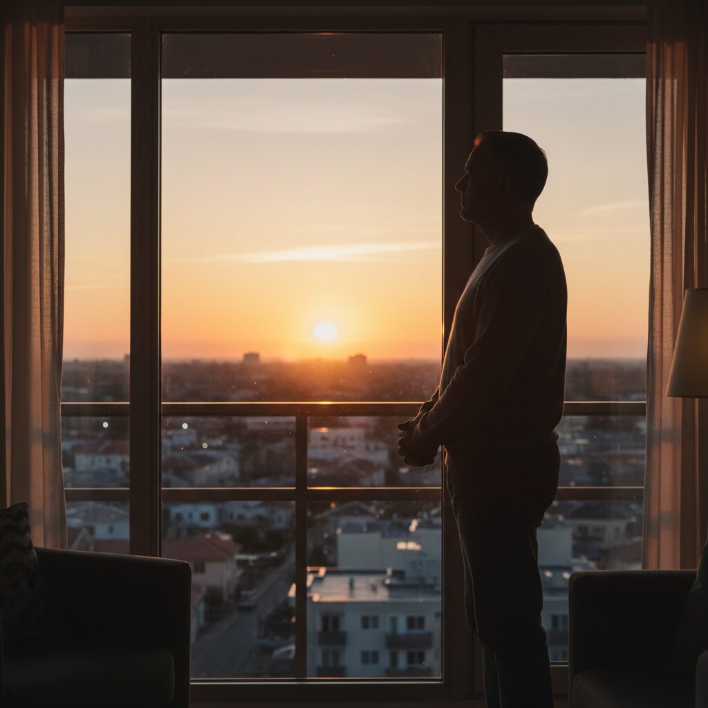 穏やかな表情で遠くを見つめる男性のシルエットと、温かみのある光に包まれた街並みの風景。加藤晴彦さんのキャリアの転換と家族愛を象徴するイメージ。