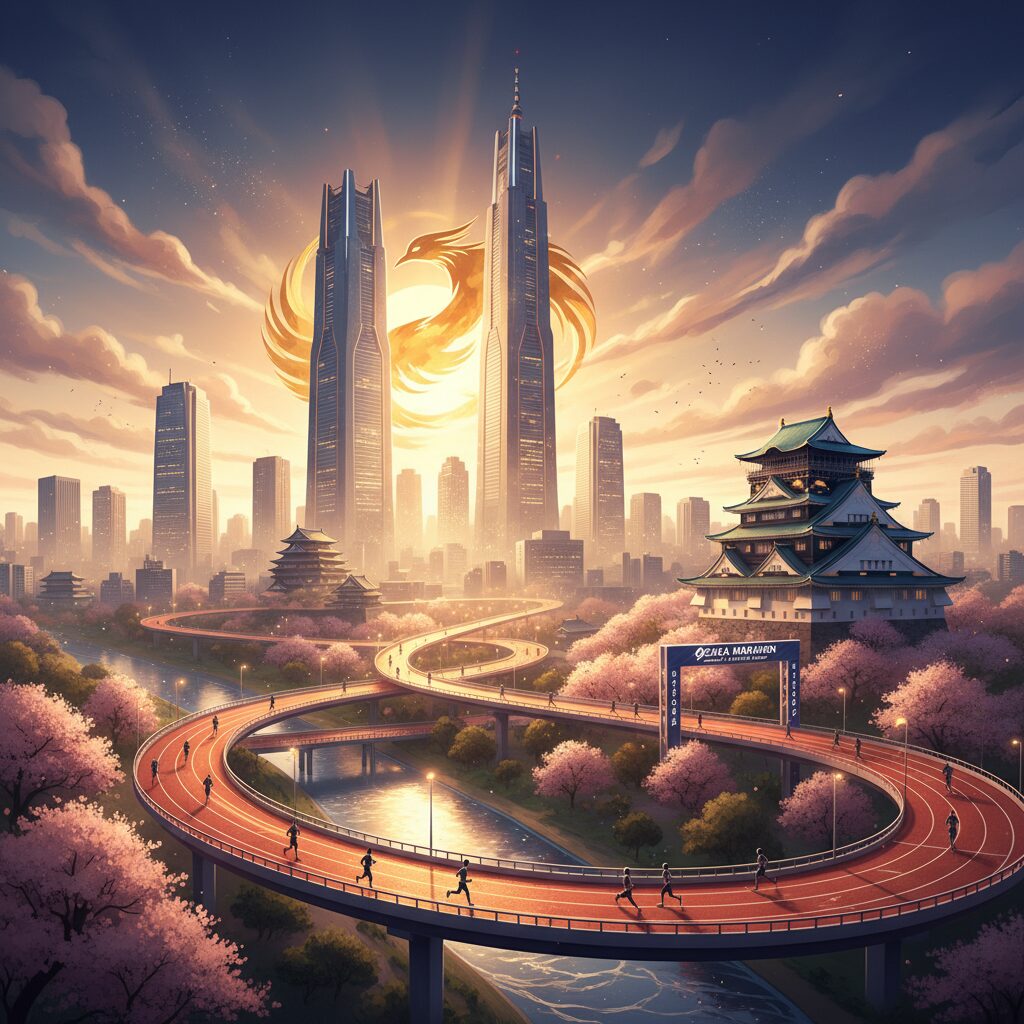 大阪の街並みとマラソンコースを象徴する夜明けの風景