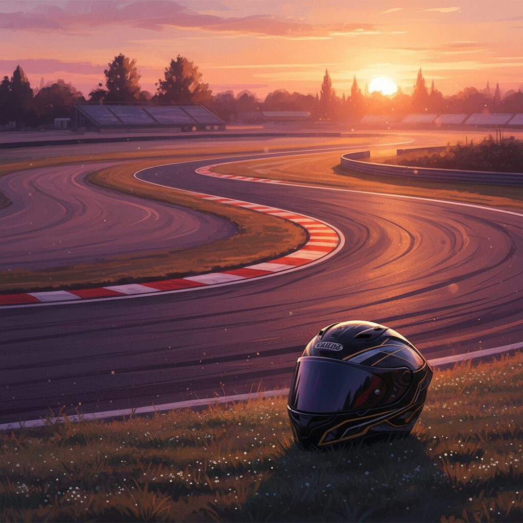 オートレース場の夕暮れと静かに置かれたヘルメットのイメージ