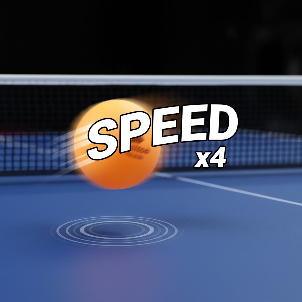 激しい卓球の試合を象徴する、青とオレンジの光が交錯する卓球台とラケットのイメージ