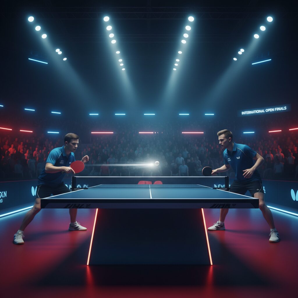 Two professional table tennis rackets and a ball on a blue court with dramatic lighting.