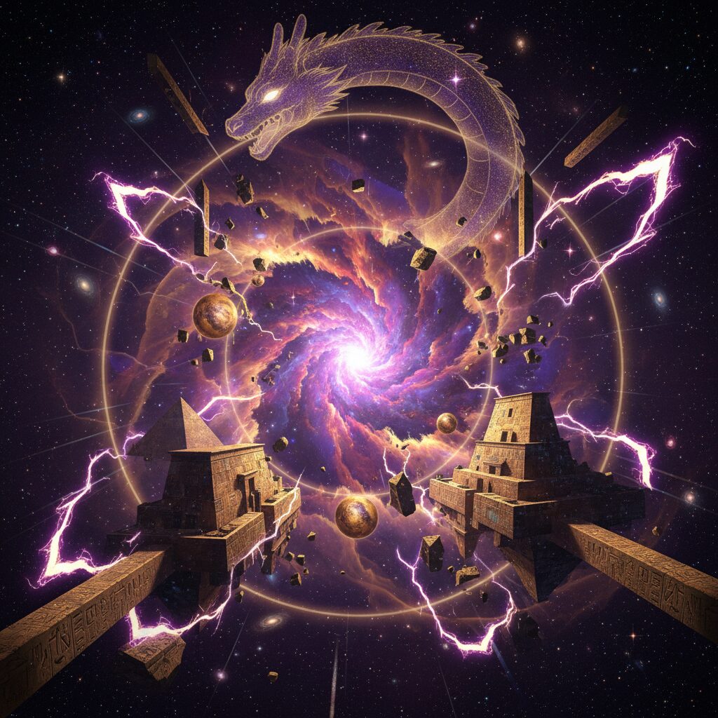 宇宙の深淵に浮かぶエジプト風の神秘的な宮殿と、紫色の宇宙エネルギーが渦巻く幻想的なアイキャッチ画像