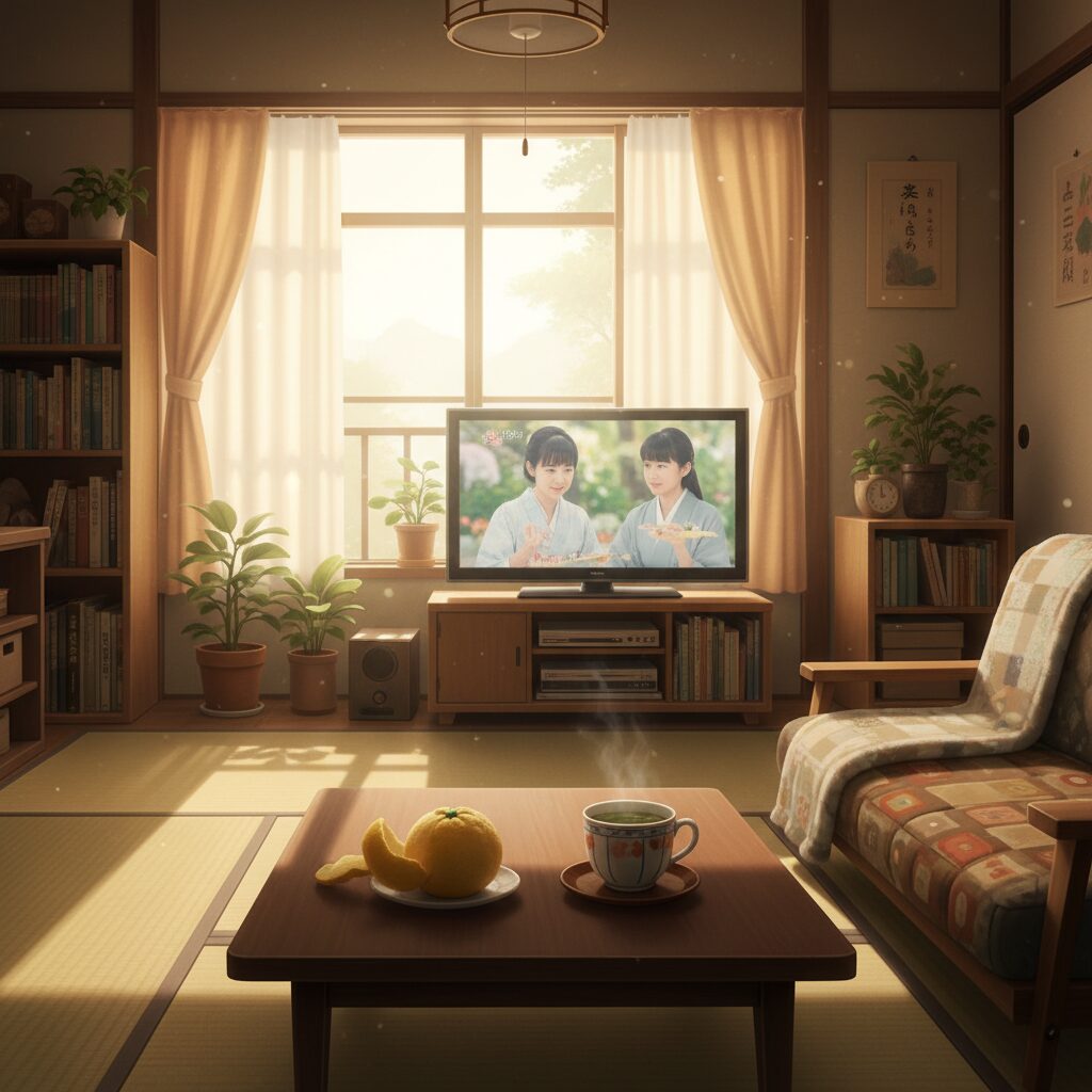 日本の朝の茶の間の風景と朝ドラをイメージしたアイキャッチ画像