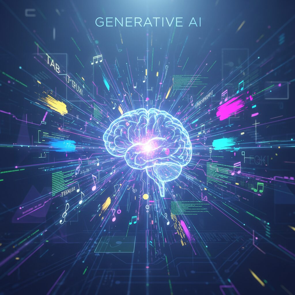 生成AIがもたらす創造性とテクノロジーの融合を表現した近未来的なイメージ画像