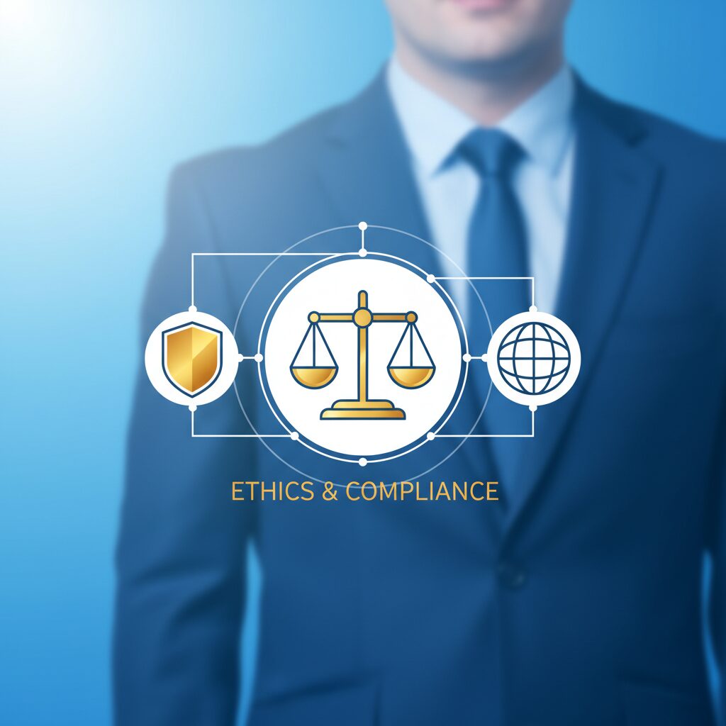 企業の倫理とコンプライアンスを象徴する、天秤と盾のフラットデザインイラスト