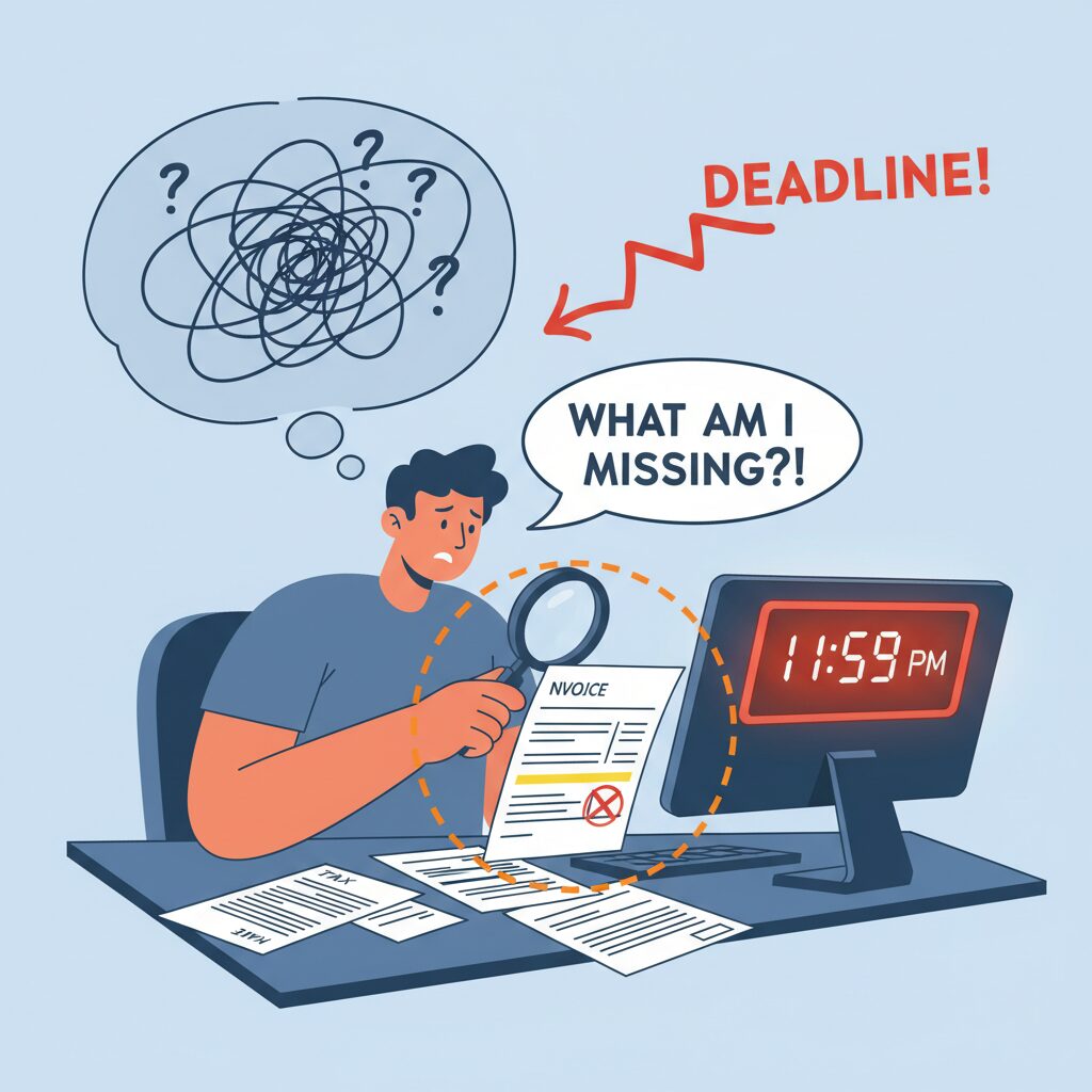 インボイス制度の複雑な書類に頭を悩ませるフリーランスのイラスト