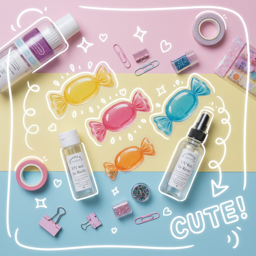 カラフルでぷっくりとした飴玉のようなボンボンドロップシールと100均のハンドメイド材料が並んでいる様子