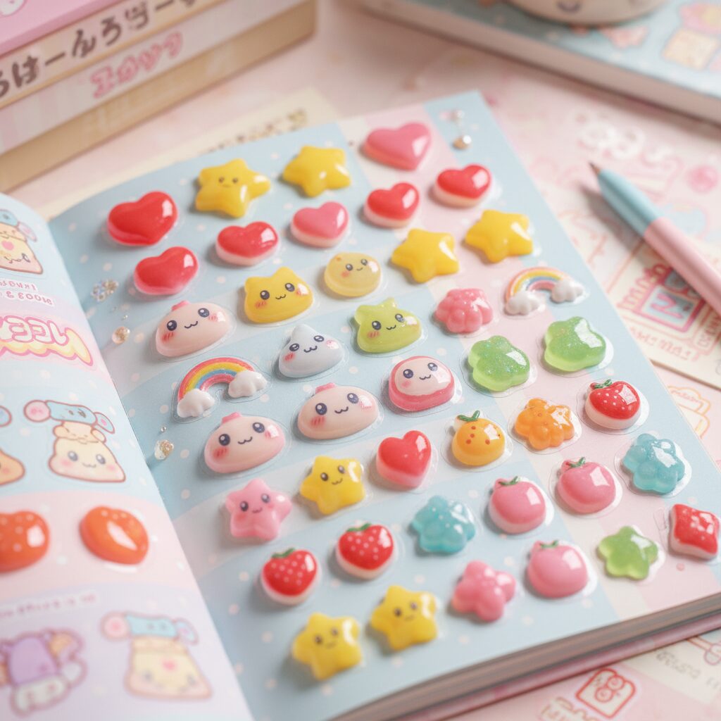 Pastel-colored glossy 3D stickers on a sticker book with a nostalgic Japanese atmosphere.