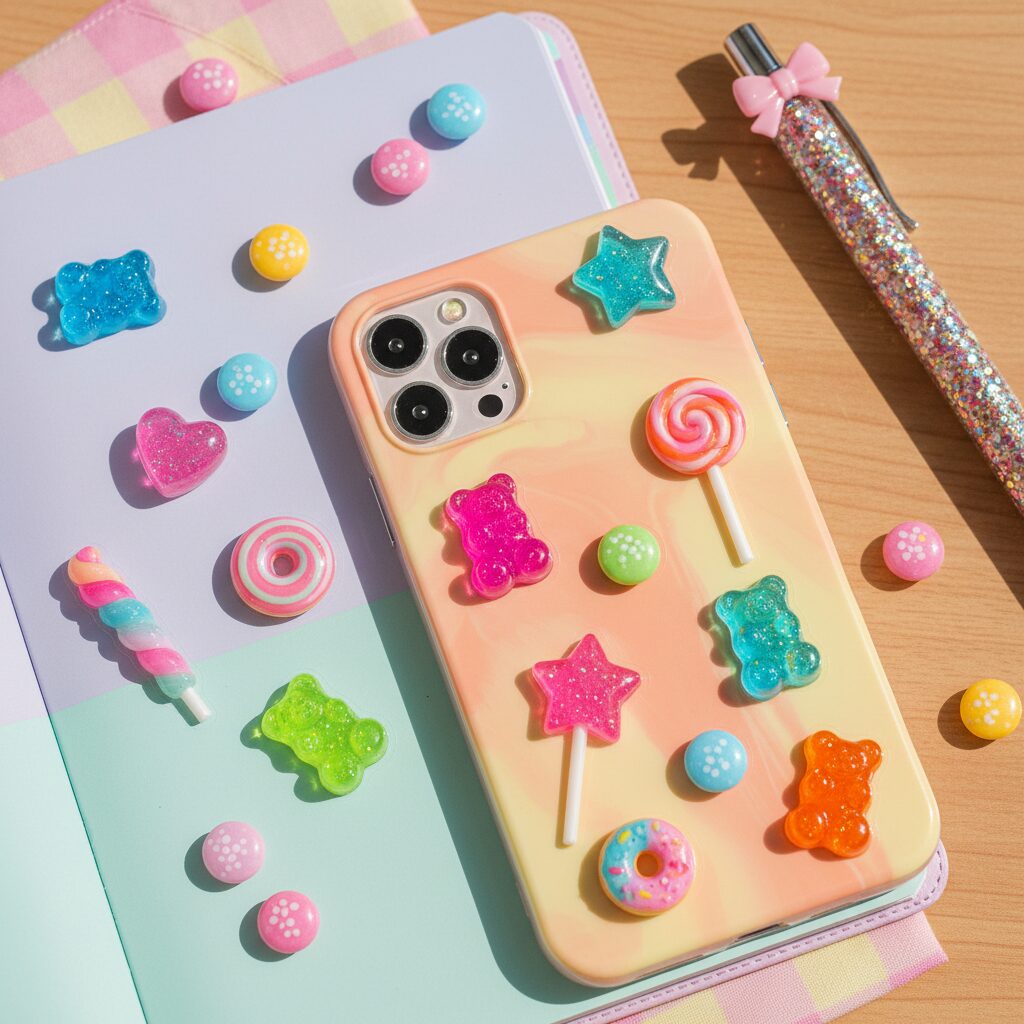 カラフルでぷっくりとした質感のボンボンドロップシールが散りばめられた手帳とスマートフォンのイメージ画像