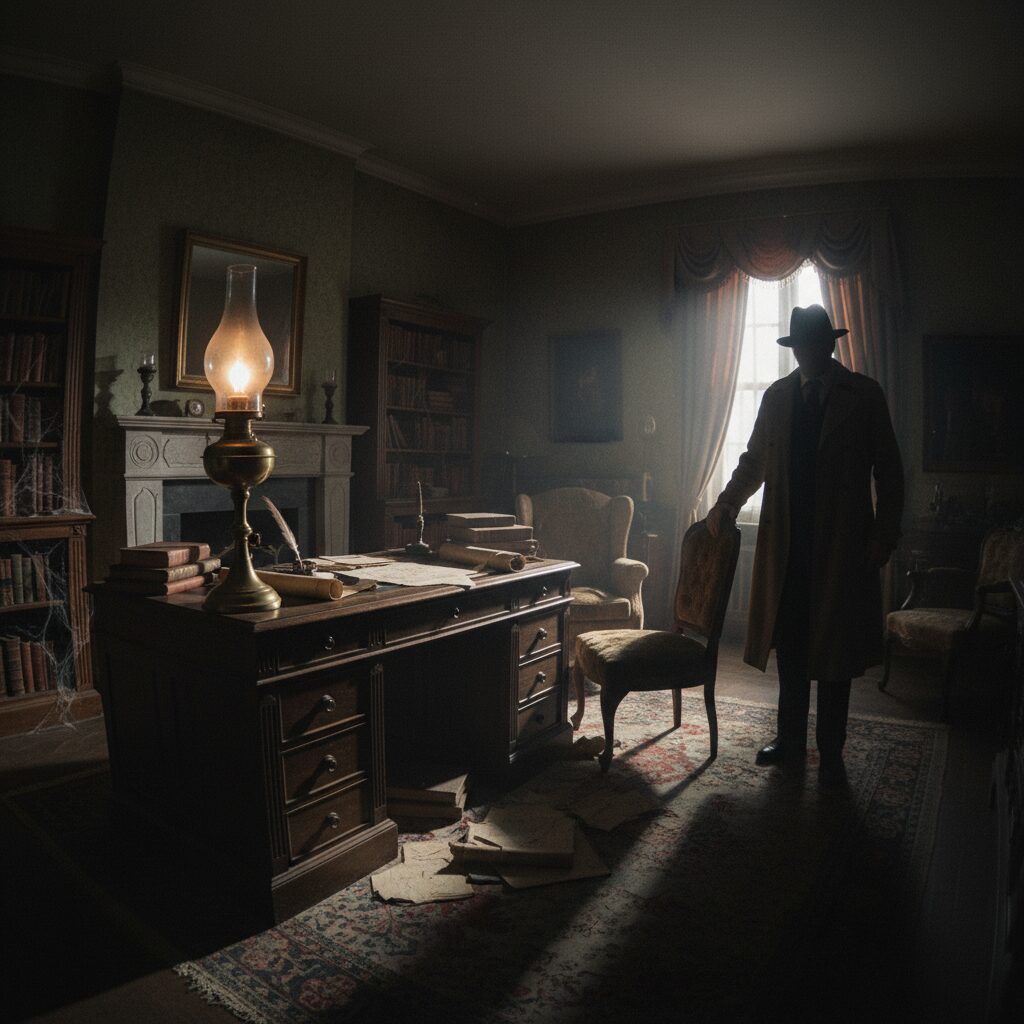 暗い部屋で不気味に揺れるガス燈の炎と背後に潜む影のイメージ。心理的スリラーを想起させる雰囲気。