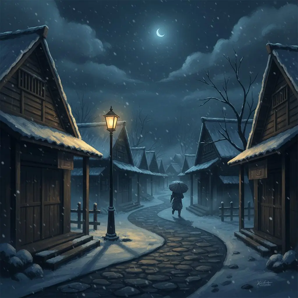 夜の雪道を照らす街灯と静まり返った日本の住宅街のイメージ