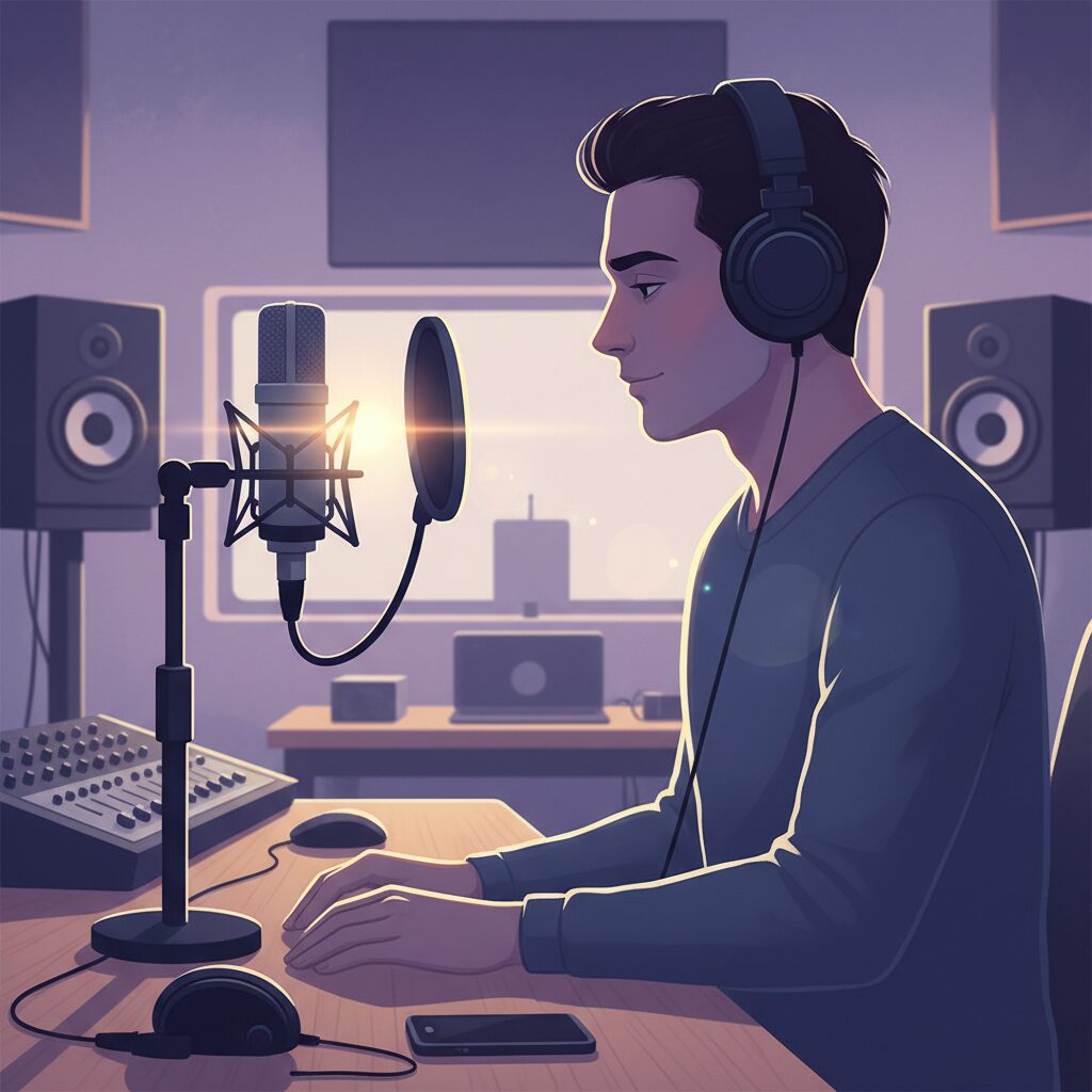 プロ仕様のマイクとヘッドホンが置かれた落ち着いた録音スタジオの風景