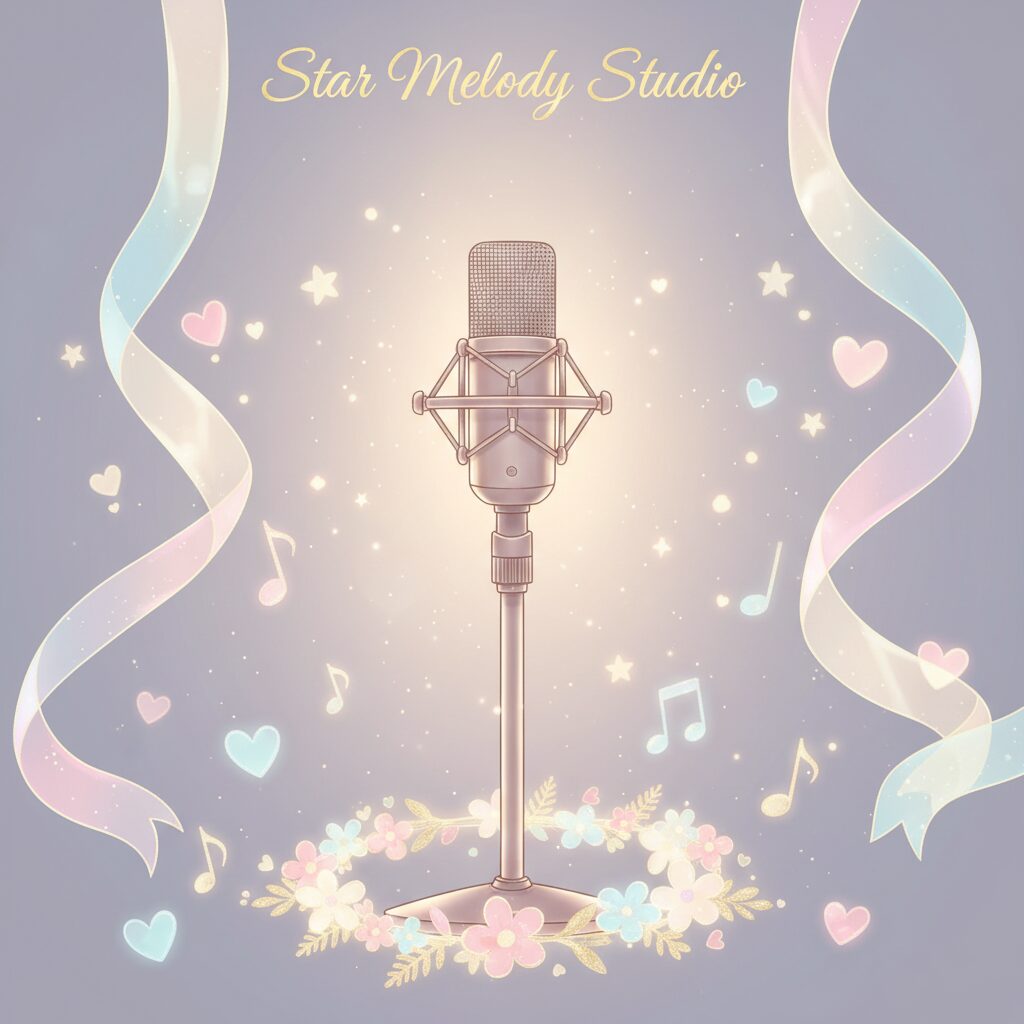 An artistic and cute illustration of a microphone and a horseshoe, with a sparkling and charming atmosphere representing a voice actress character.