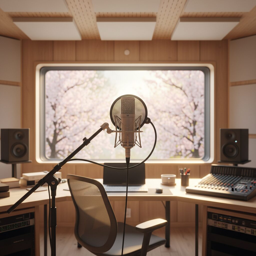 マイクが置かれた明るいスタジオと、春の訪れを感じさせる桜のイメージが融合した風景。清潔感と希望に満ちた雰囲気。