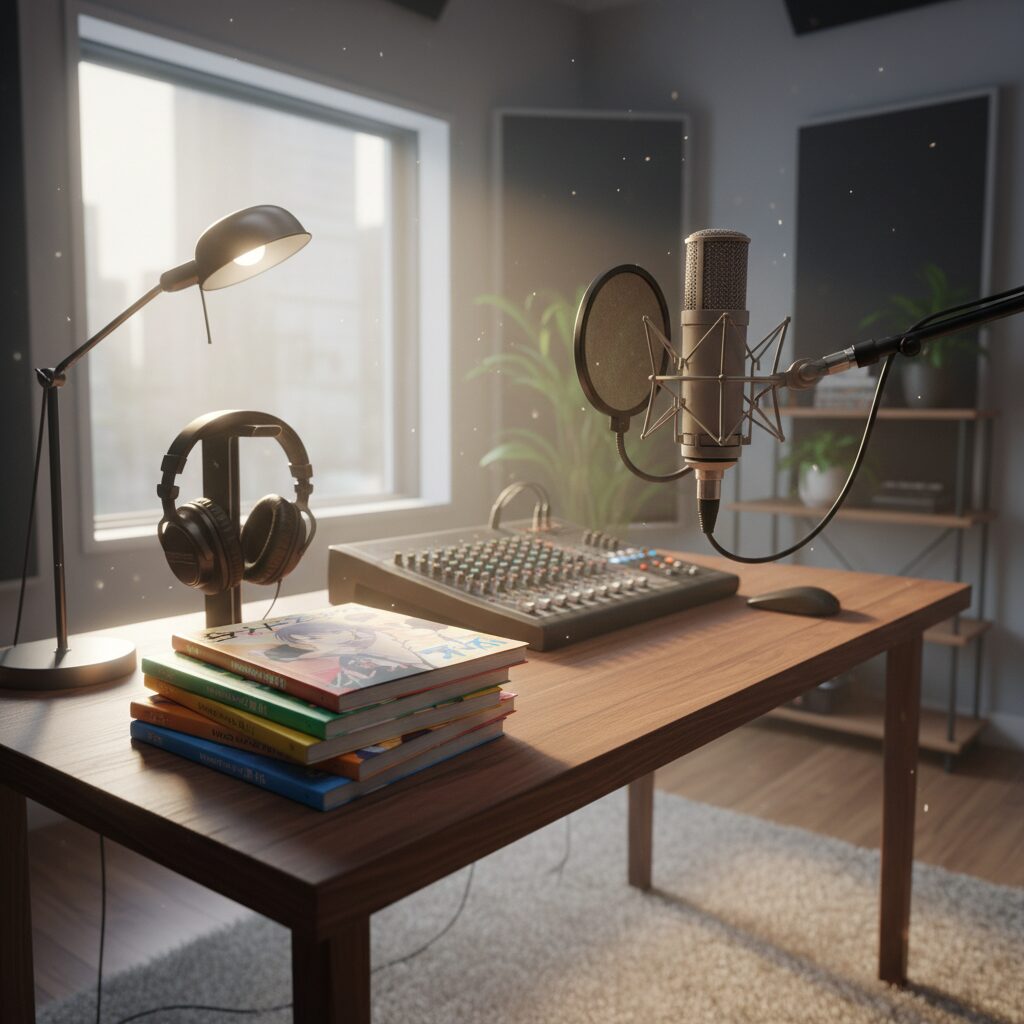 声優の録音スタジオをイメージした、マイクと台本が置かれた明るい部屋の風景