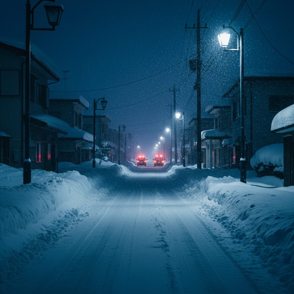 新潟県十日町市の雪深い住宅街を背景に、捜索の灯火や夜道をイメージした静かな風景。人物は含まない。