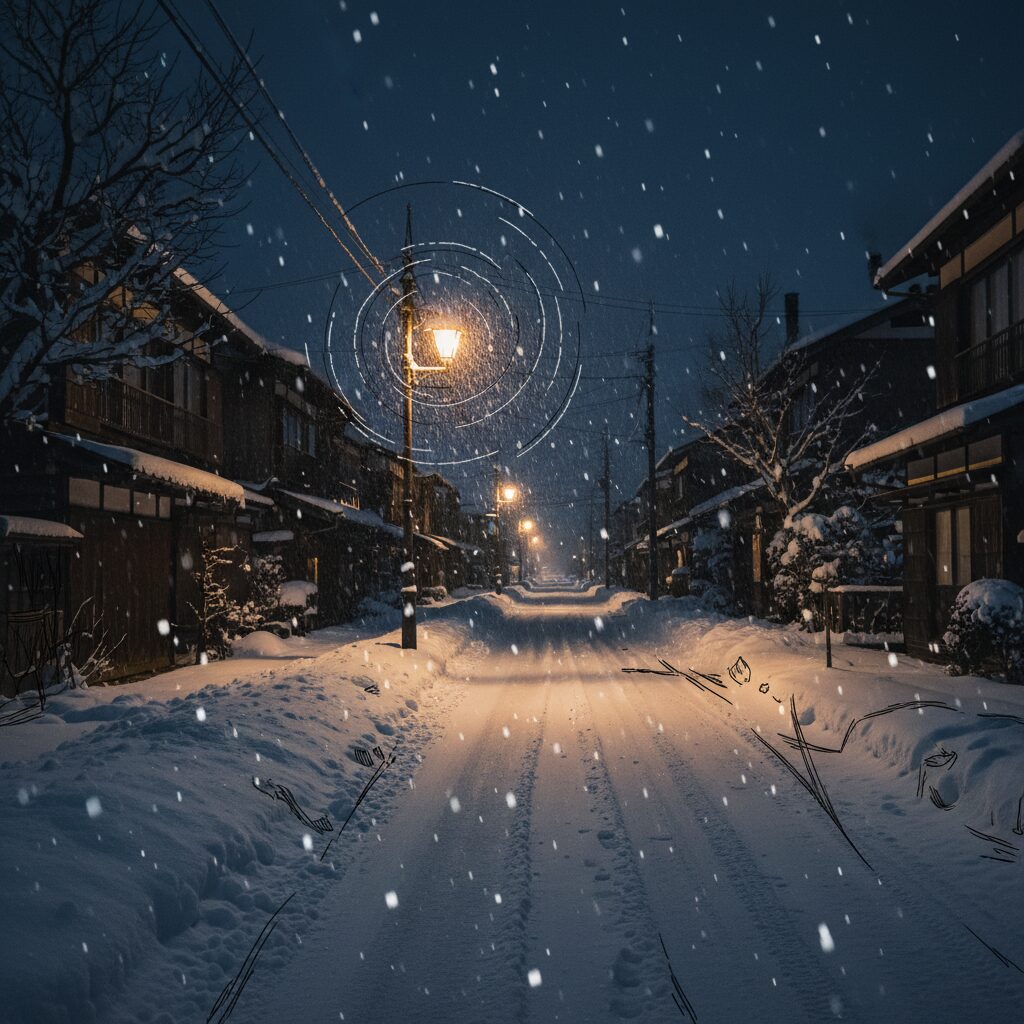夜の雪道と住宅街の灯り