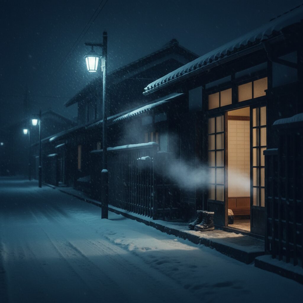 雪が積もる夜の住宅街と、微かに明かりが灯る民家の入り口。行方不明事件の緊迫感を象徴する風景。