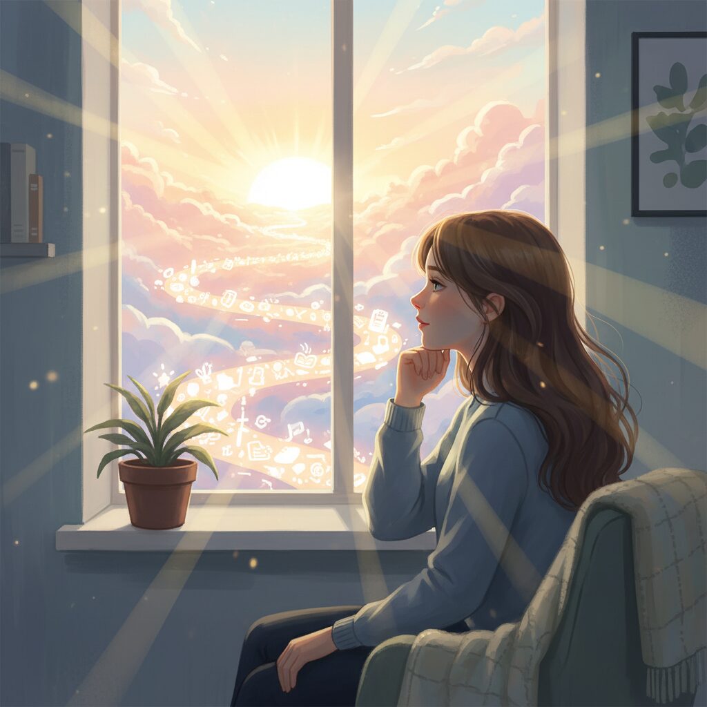 窓から外を眺める少女と夜明けの風景、不登校や希望を象徴するイラスト