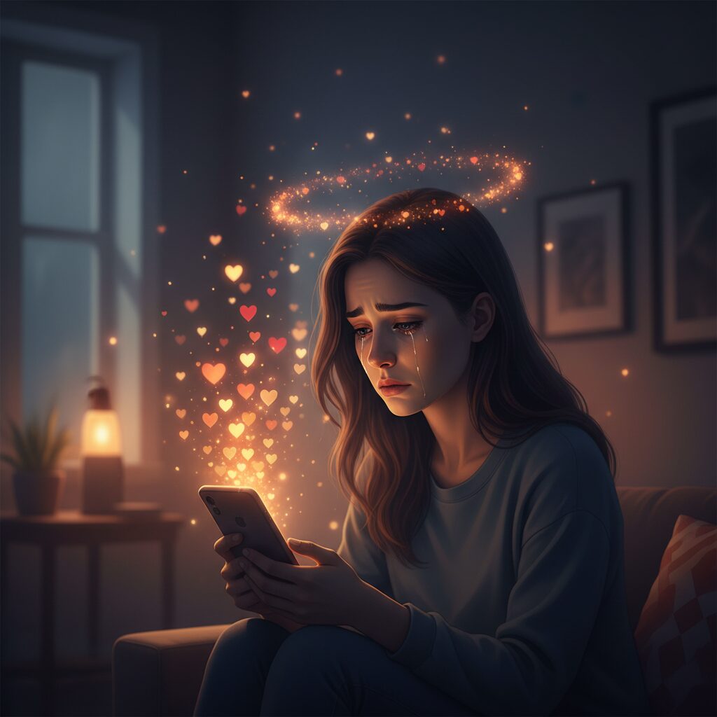 暗い部屋でスマートフォンの光を見つめ、複雑な表情を浮かべる人物。周囲には切なさを象徴する光の粒が舞っている。