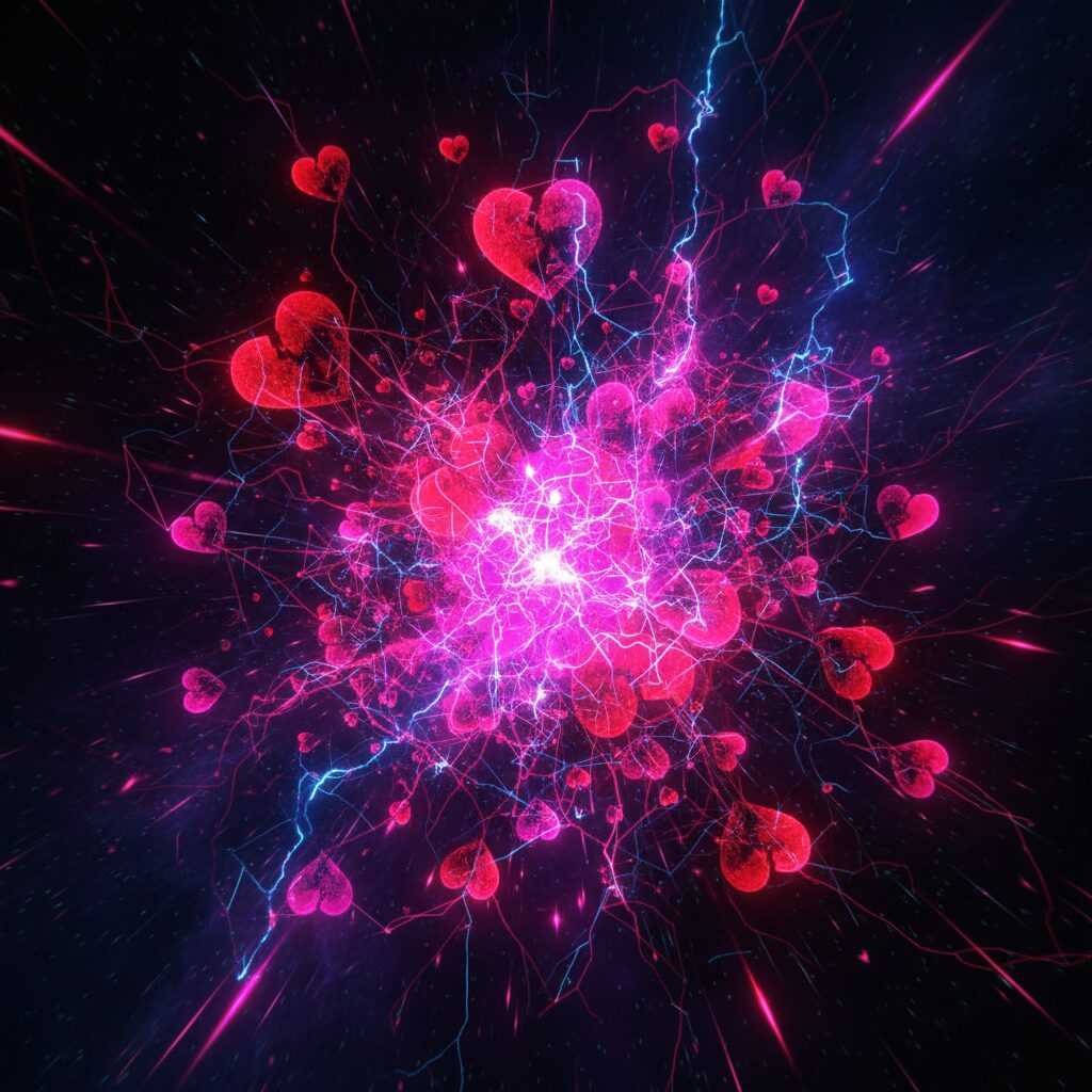 ピンクと黒を基調とした、爆発的な愛の感情を表現したデジタルアート。ハートがエネルギーと共に弾ける様子が描かれています。