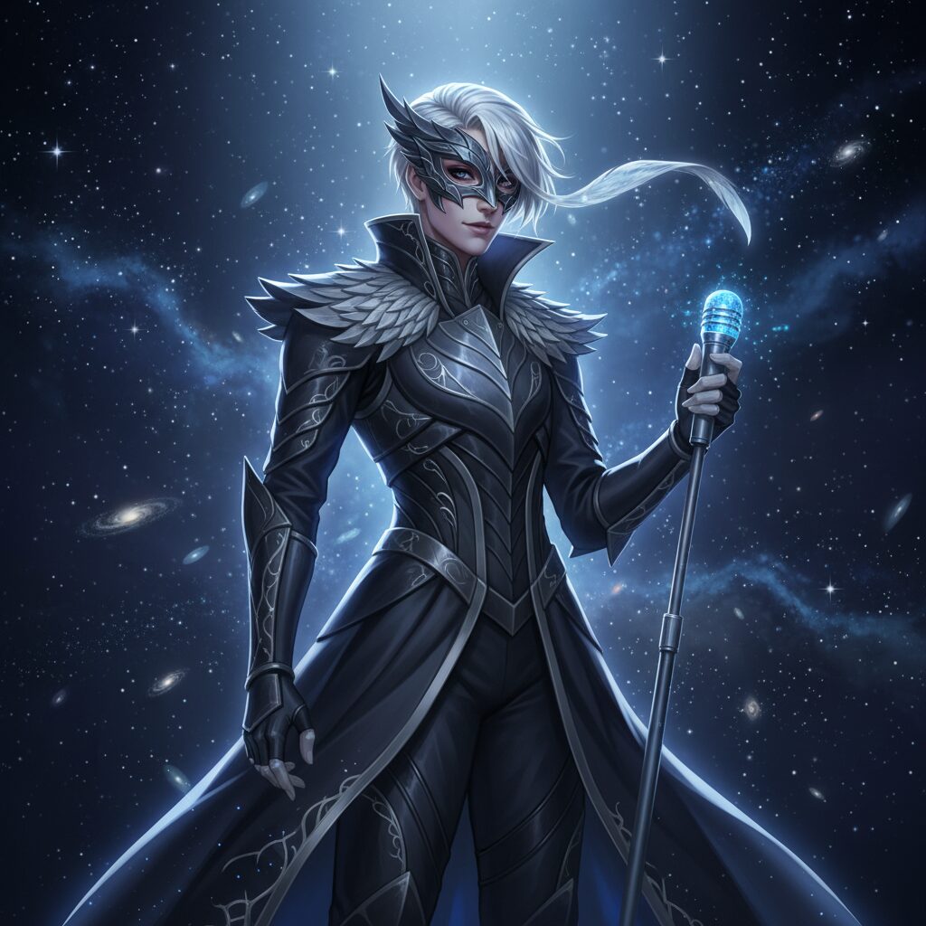 An elegant and mysterious androgynous aesthetic with a cool blue color palette, featuring a microphone and feathers to symbolize a voice actor's artistry.