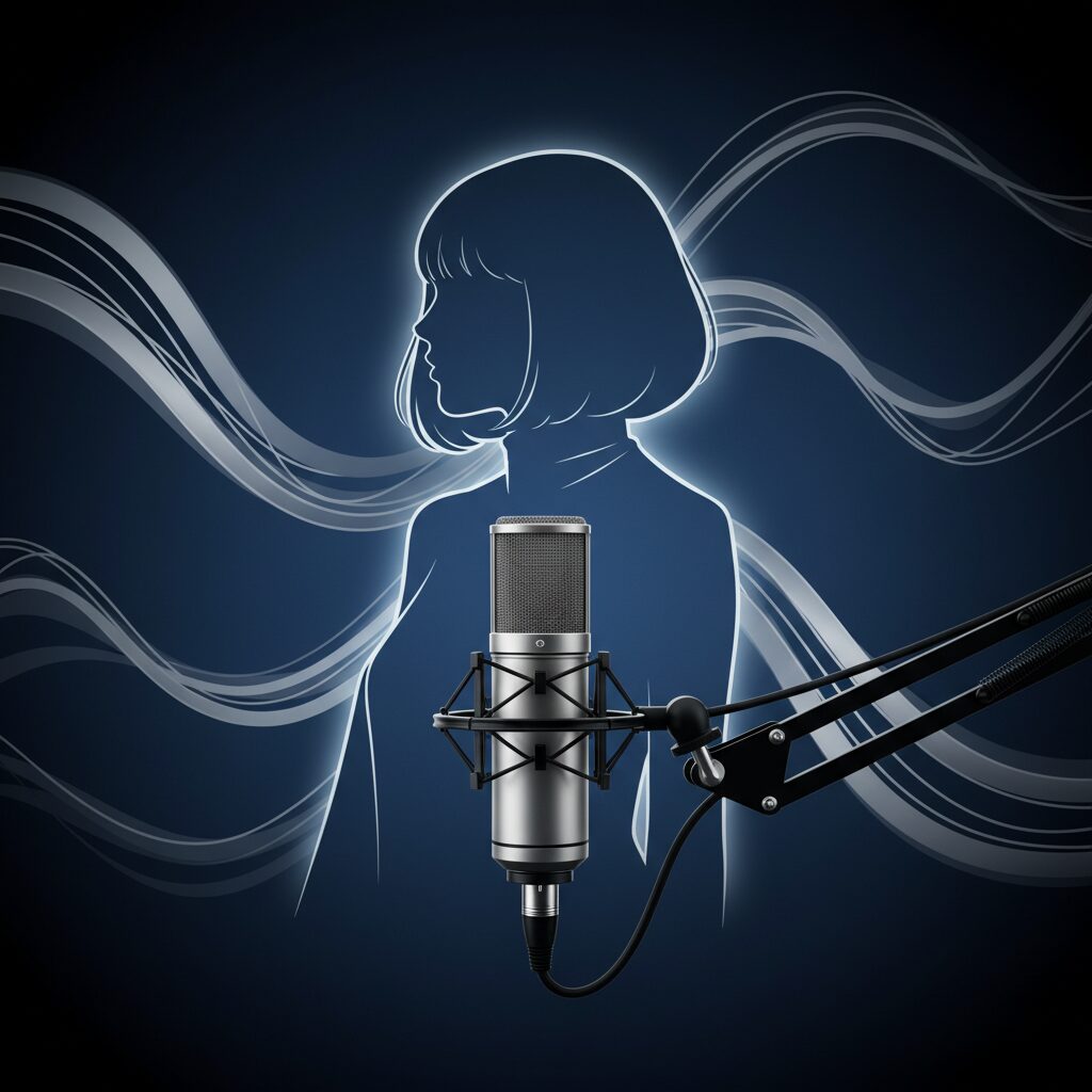 マイクと中性的なシルエットが描かれたスタイリッシュな背景画像