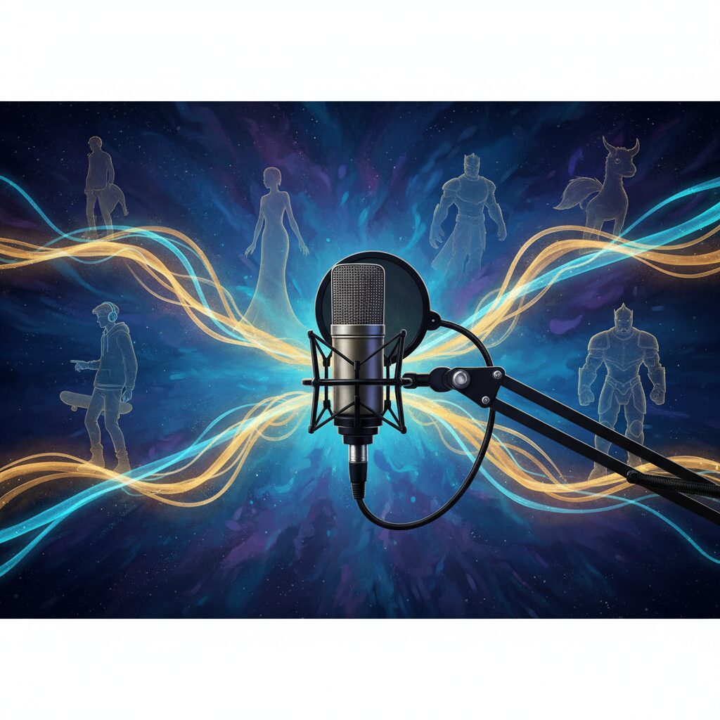 プロフェッショナルなマイクと幻想的な音波が広がる抽象的なイメージ