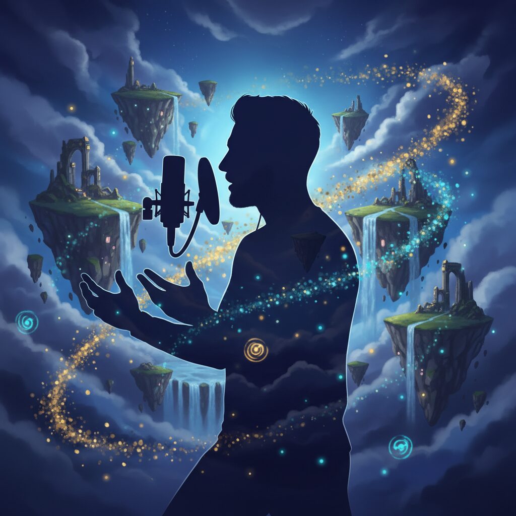 マイクの前で情熱的に演じる声優のシルエットと、幻想的なファンタジー世界の背景が融合したイメージ画像。青と紫のライティングが美しく、王子様のような高貴な雰囲気が漂っている。