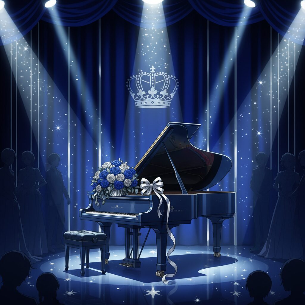 青と銀を基調とした、スポットライトと薔薇が彩る華やかなステージのイラスト