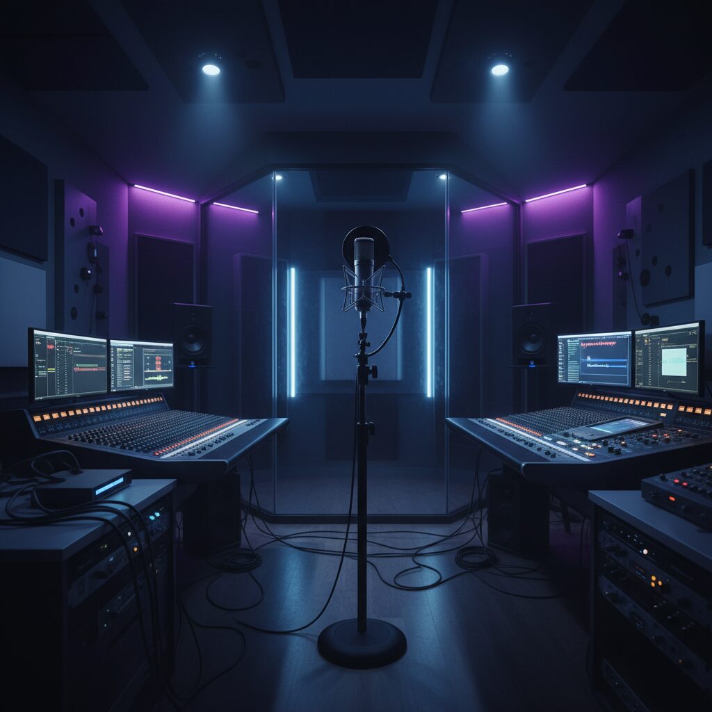 A stylish recording studio with a high-end microphone and atmospheric lighting symbolizing the voice acting world of Mitsuki Saiga.