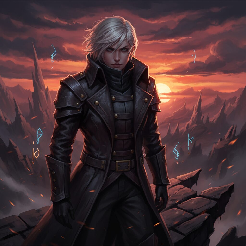 進撃の巨人のイェレナを彷彿とさせる、ミステリアスで中性的なブロンドのキャラクターのイメージ画像。夕暮れを背景にクールな表情を浮かべている。