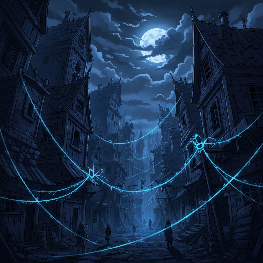 アニメ「ガチアクタ」のダークファンタジーな世界観をイメージした、輝く糸が舞うスラム街の風景