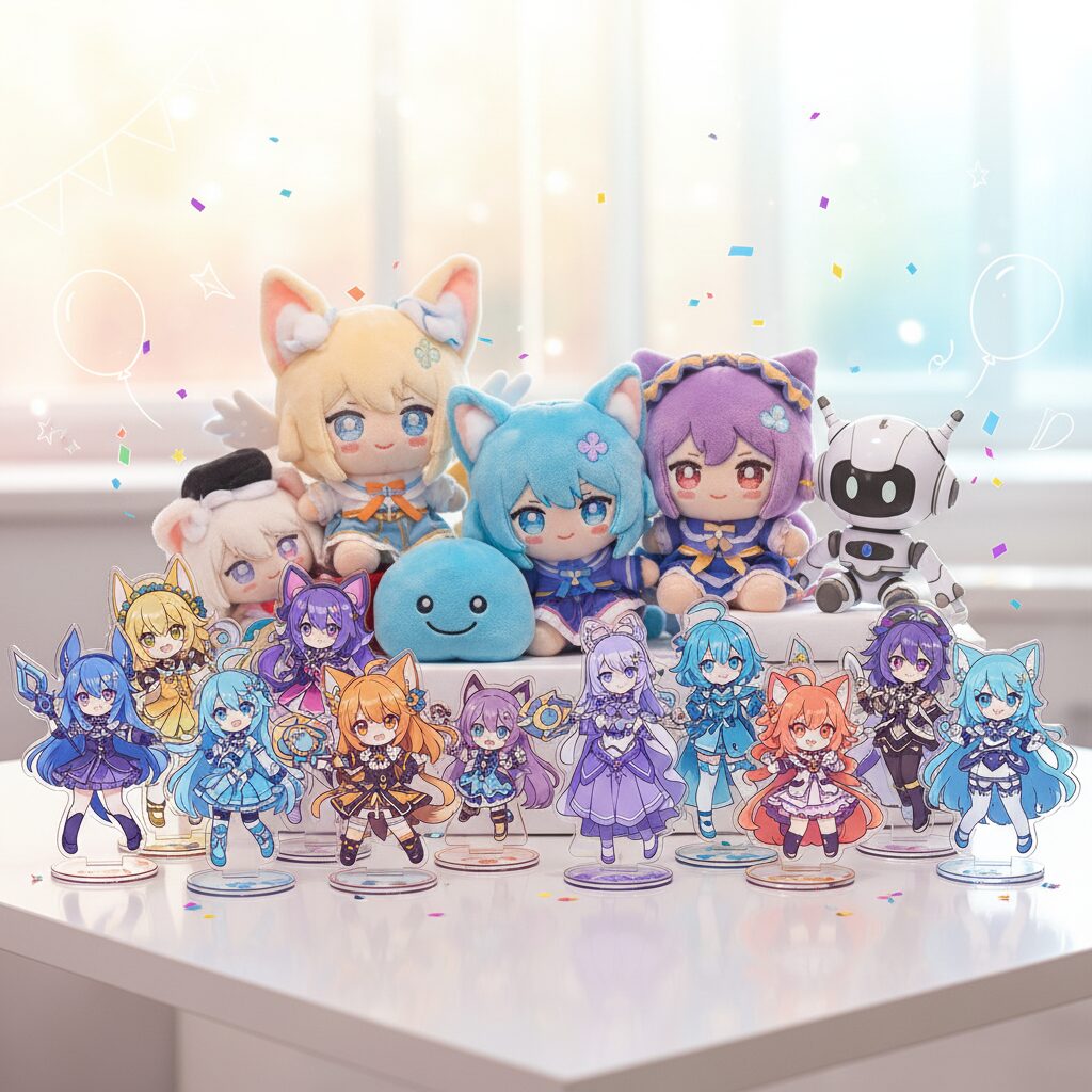 Colorful VTuber merchandise items like acrylic stands and plush dolls arranged on a desk