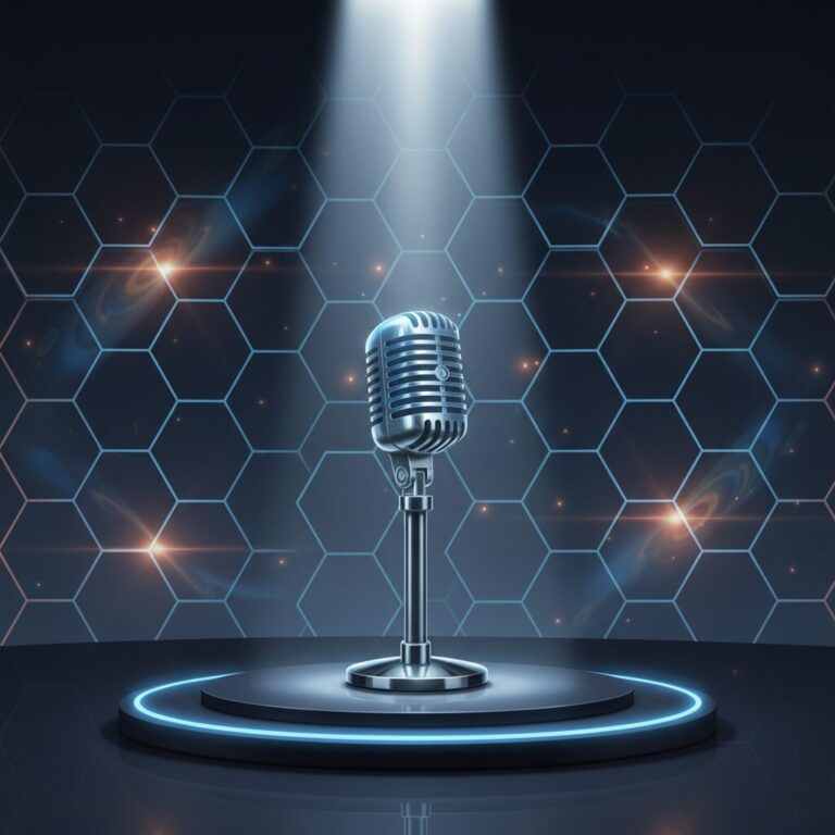 An inspiring digital illustration of a glowing spotlight on a dark stage with a futuristic microphone, representing the path to becoming a virtual talent at Nijisanji.