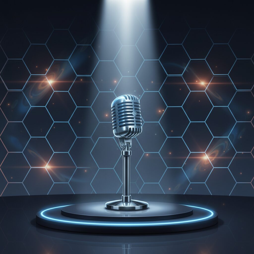 An inspiring digital illustration of a glowing spotlight on a dark stage with a futuristic microphone, representing the path to becoming a virtual talent at Nijisanji.