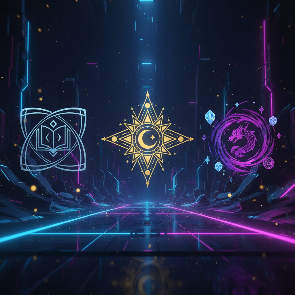 A vibrant and futuristic digital landscape representing the virtual world of NIJISANJI EN, featuring glowing neon elements and artistic symbols of international connectivity.