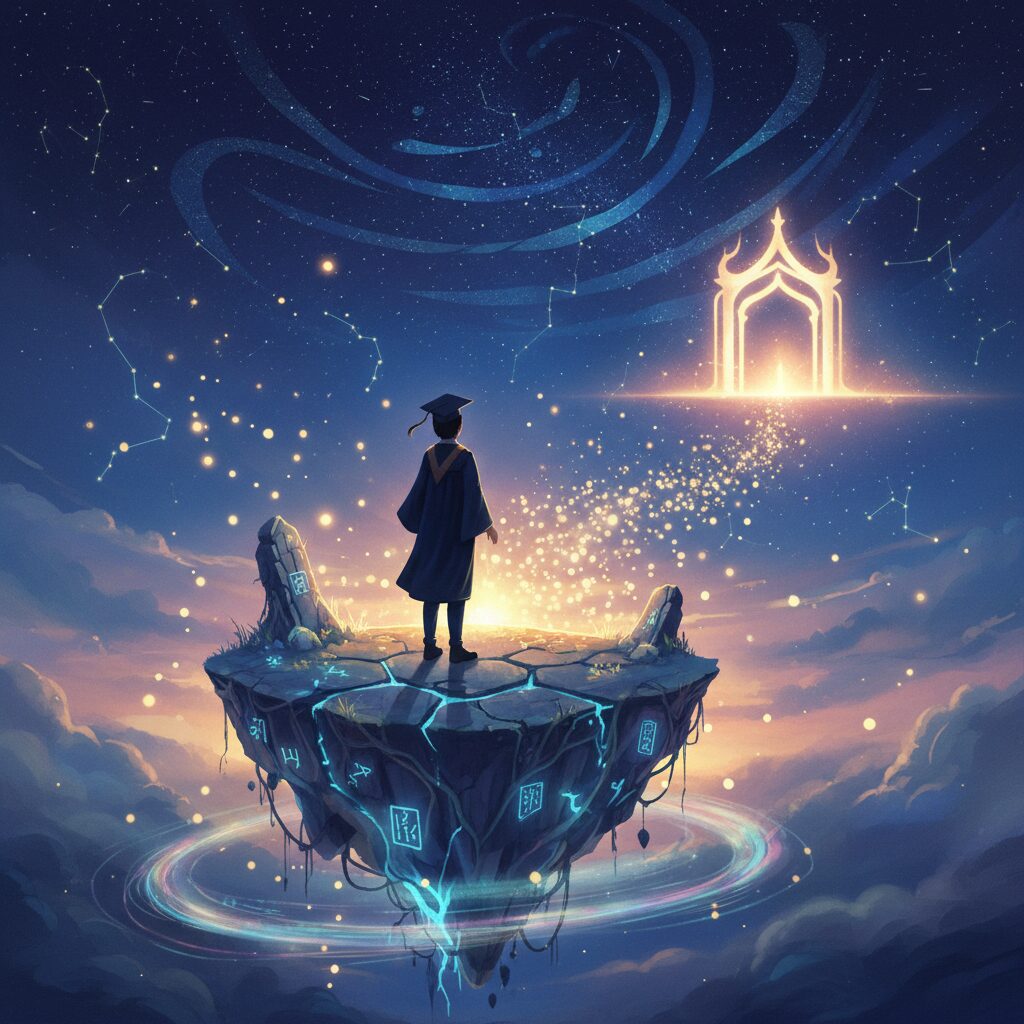 夜空に浮かぶ無数の星と、デジタルの光が交錯する境界線を描いた幻想的なイラスト。VTuberの卒業と新たな旅立ちを象徴するイメージ。