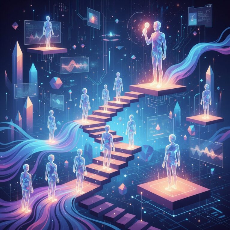A chronological growth of virtual streamers emerging from light beams in a futuristic digital space.