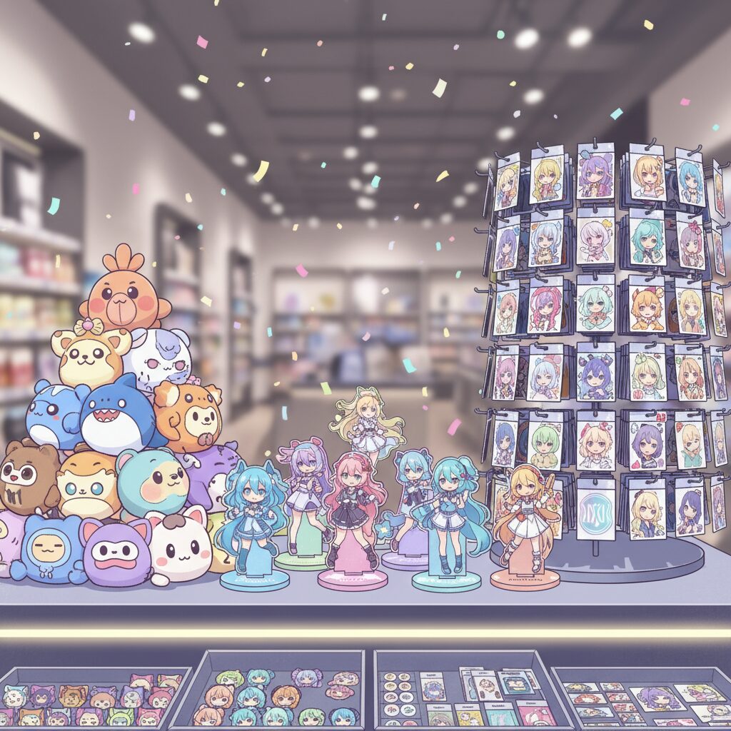 An artistic representation of virtual YouTuber merchandise including acrylic stands, plushies, and stickers in a bright, festive shop atmosphere.