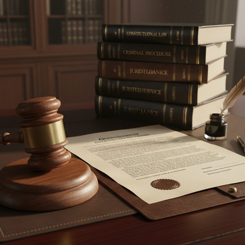 法廷のガベルと書類が置かれた、不起訴処分をイメージする厳格なデスクの風景